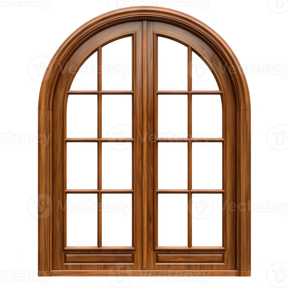 An elegant arched wooden window with classic design, featuring multiple glass panes and rich brown finish, perfect for traditional or rustic home decor png