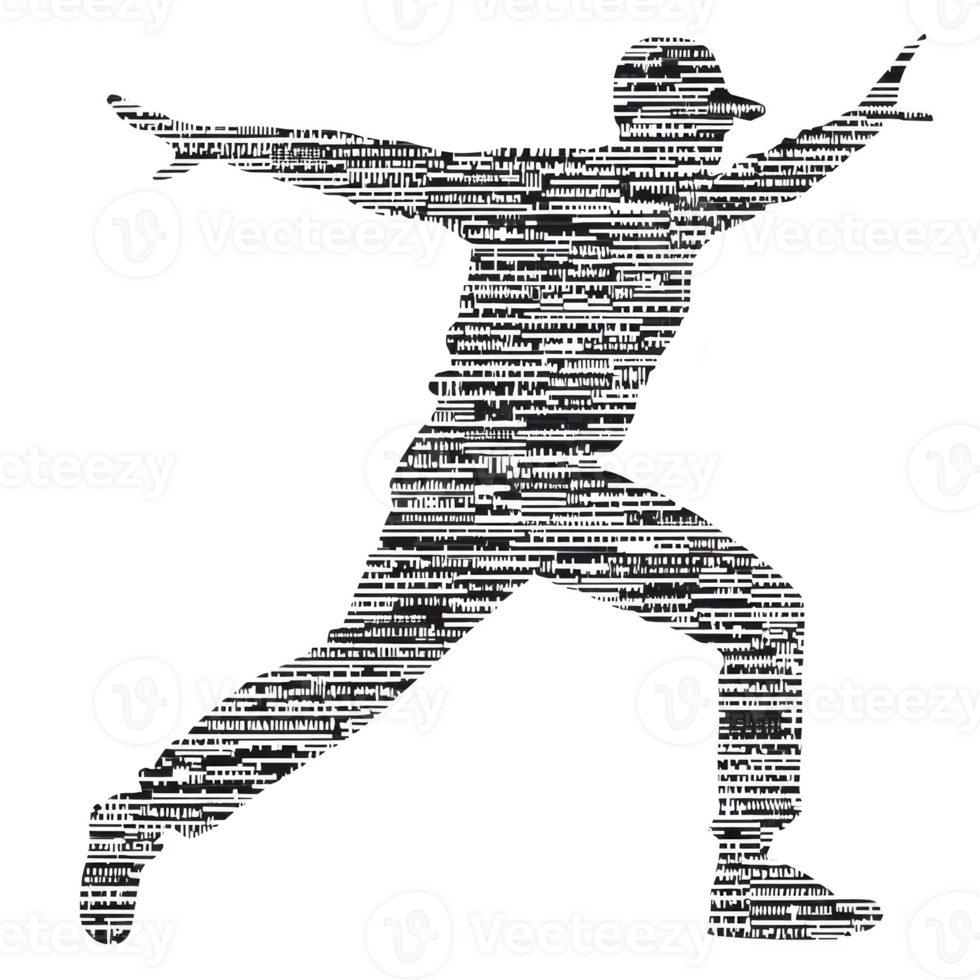 A silhouette of person in dynamic pose is filled with text, creating artistic and expressive design. figure appears to be leaping or dancing, conveying sense of movement and energy png