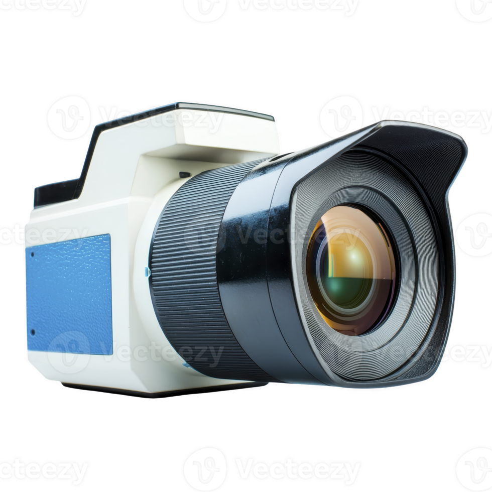 A retro style camera with large lens and blue accents, evoking sense of nostalgia and creativity. design combines vintage aesthetics with modern functionality, perfect for photography enthusiasts png