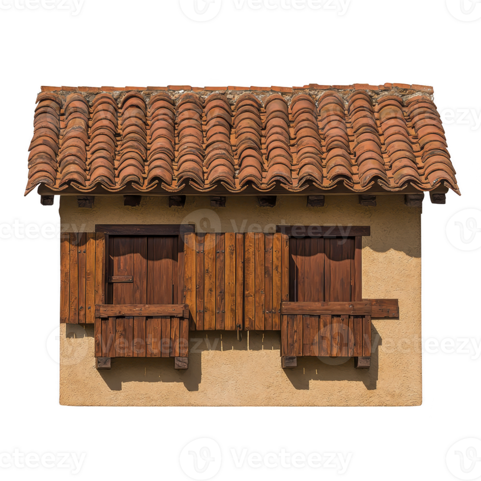 A rustic building facade with clay tile roof and wooden shutters evokes traditional, charming atmosphere. warm tones of stucco walls complement natural wood and terracotta png