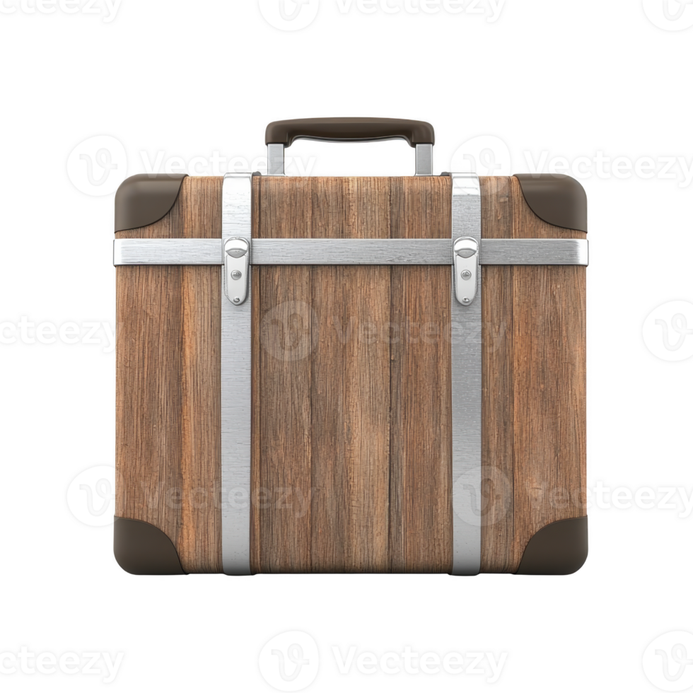 A vintage style suitcase with wooden texture and metal accents, featuring sturdy handle and reinforced corners, evokes sense of nostalgia and adventure png