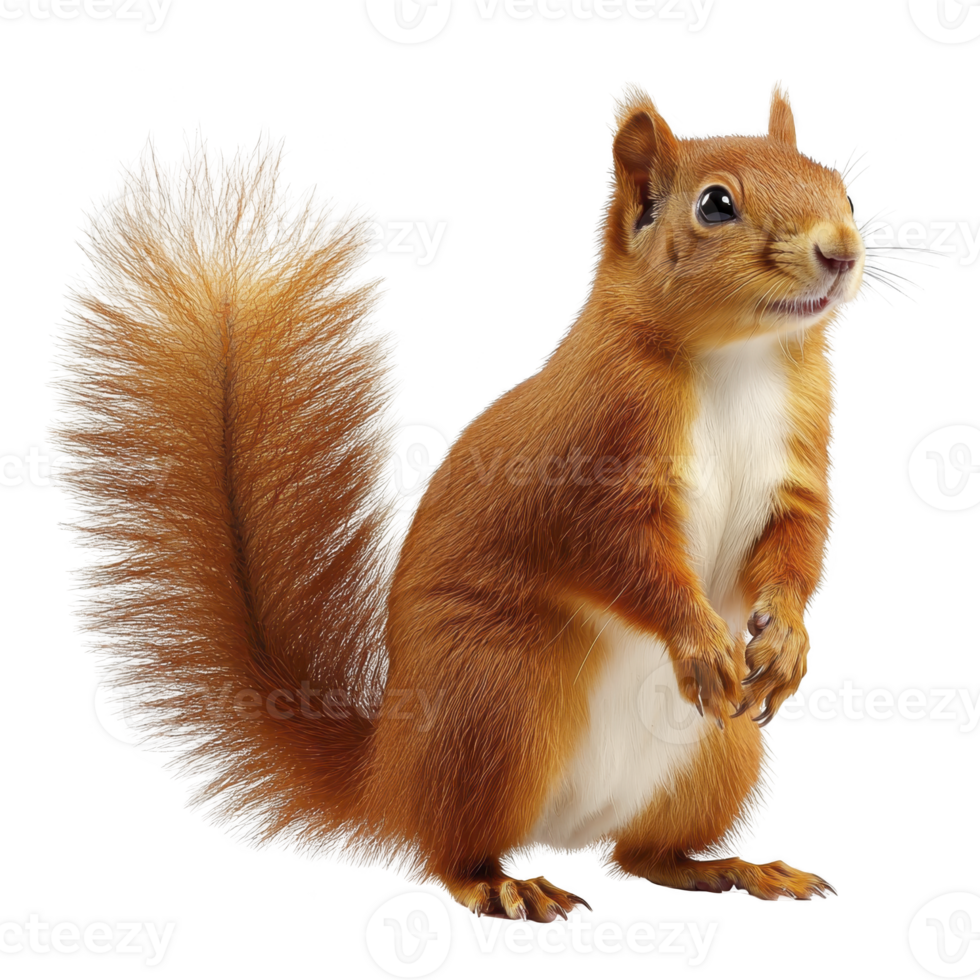 A cute red squirrel stands upright with its bushy tail fluffed out behind it, showcasing its vibrant fur and alert expression. squirrel small paws are held close to its chest png