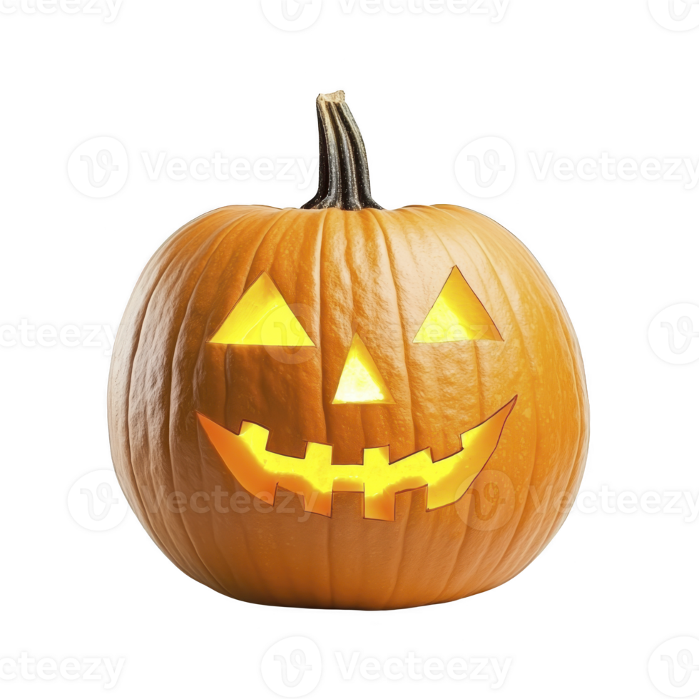 A carved pumpkin with glowing face, featuring triangular eyes and jagged smile, symbolizes Halloween festivities. orange pumpkin is illuminated from within, creating spooky yet playful atmosphere png