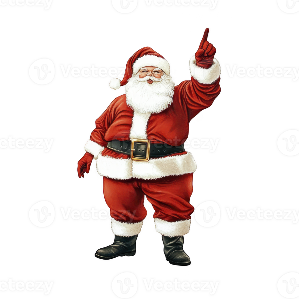 A jolly Santa Claus in classic red suit with white fur trim, black belt, and boots, raises one hand pointing upwards, embodying festive spirit of Christmas png