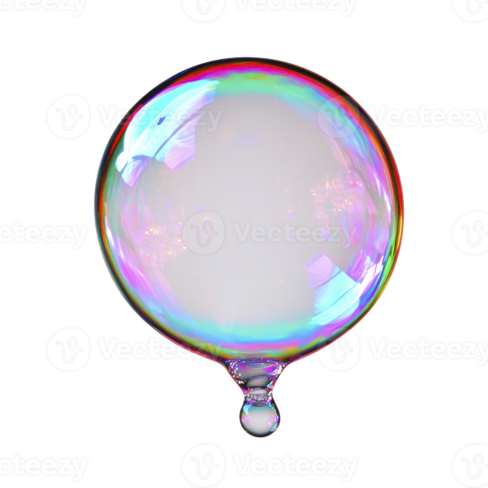 A vibrant, iridescent soap bubble with small droplet hanging below, showcasing spectrum of colors against transparency background. bubble surface reflects light, creating mesmerizing effect png
