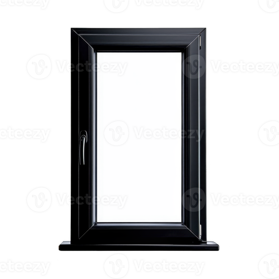 A sleek black framed window with modern design, featuring single pane of clear glass. window is closed, showcasing its minimalist style and clean lines, suitable for contemporary interiors png