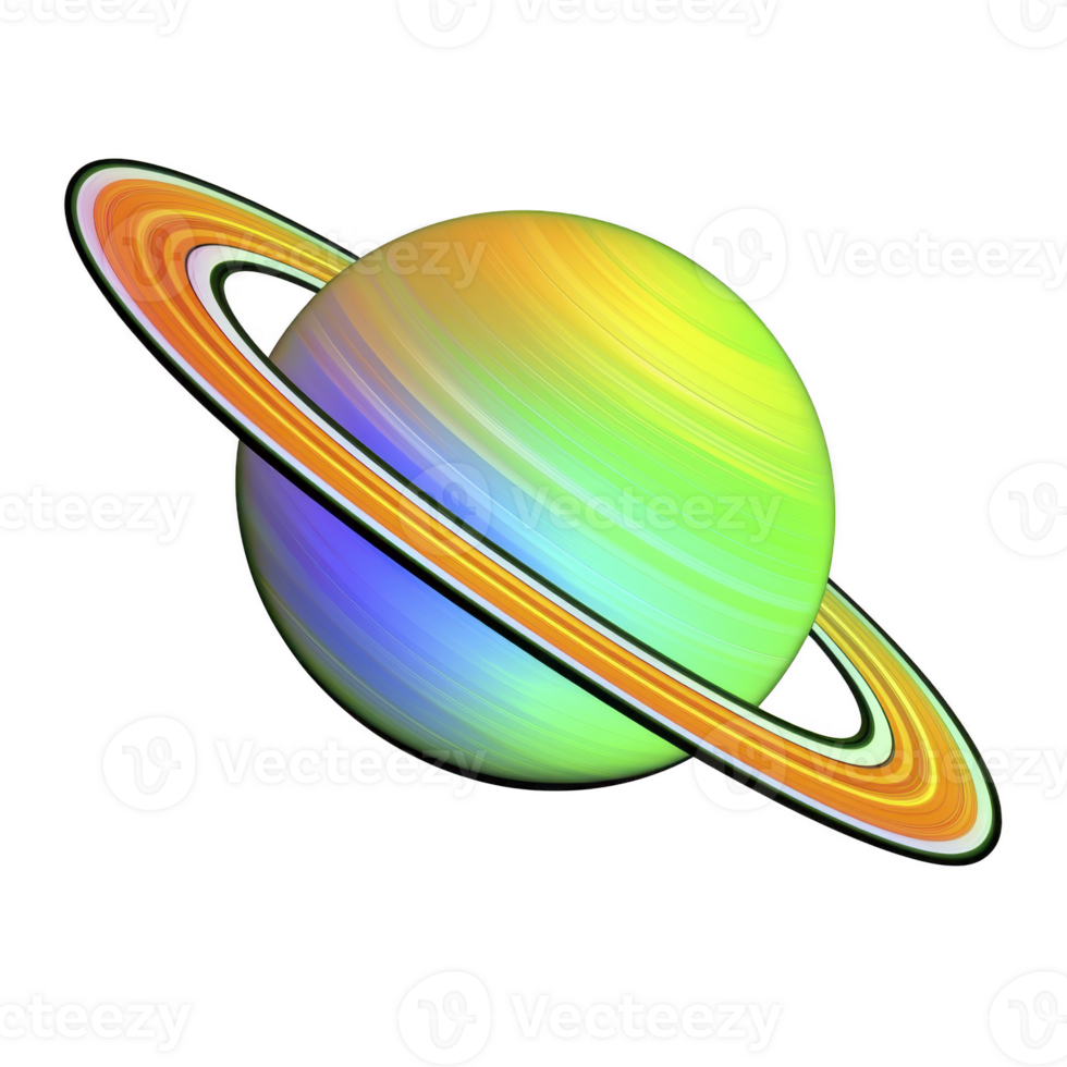 A vibrant, multicolored planet with rings, resembling Saturn, set against transparency background. planet displays spectrum of colors, creating striking and imaginative visual png