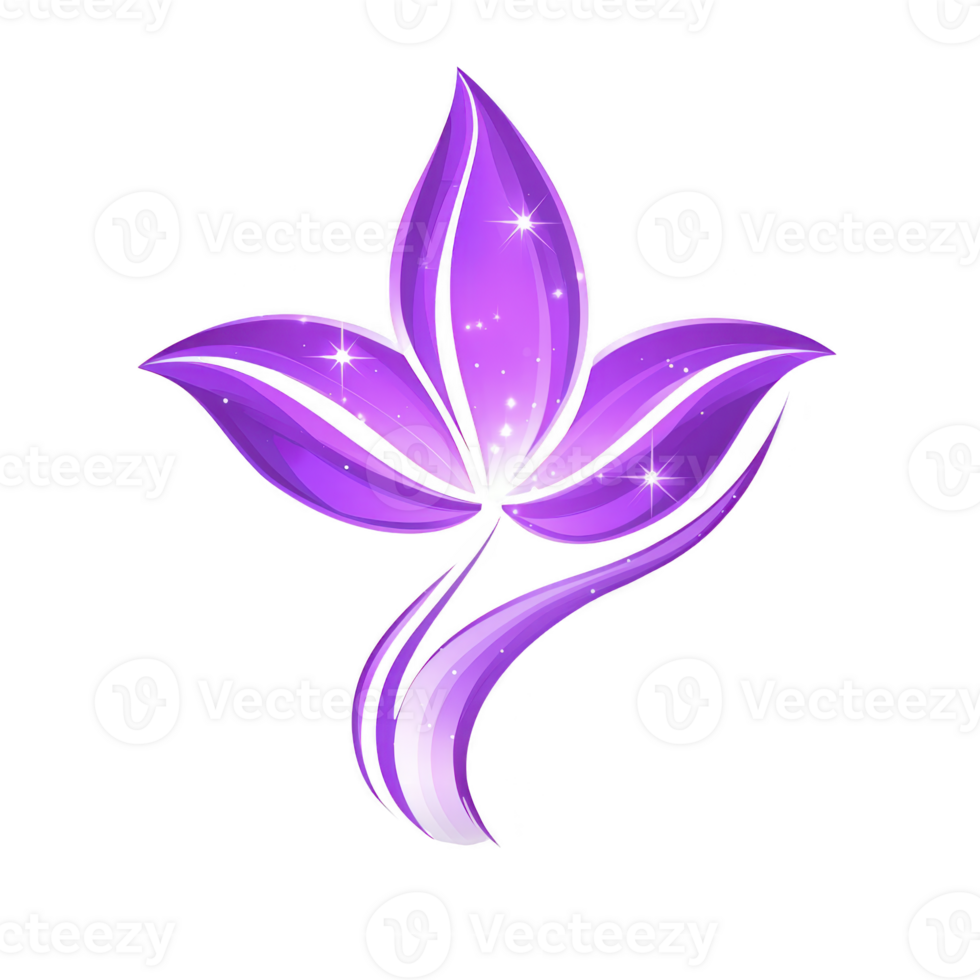 A vibrant, stylized purple flower with sparkling accents and elegant curves, set against transparent background, conveys sense of beauty and grace png