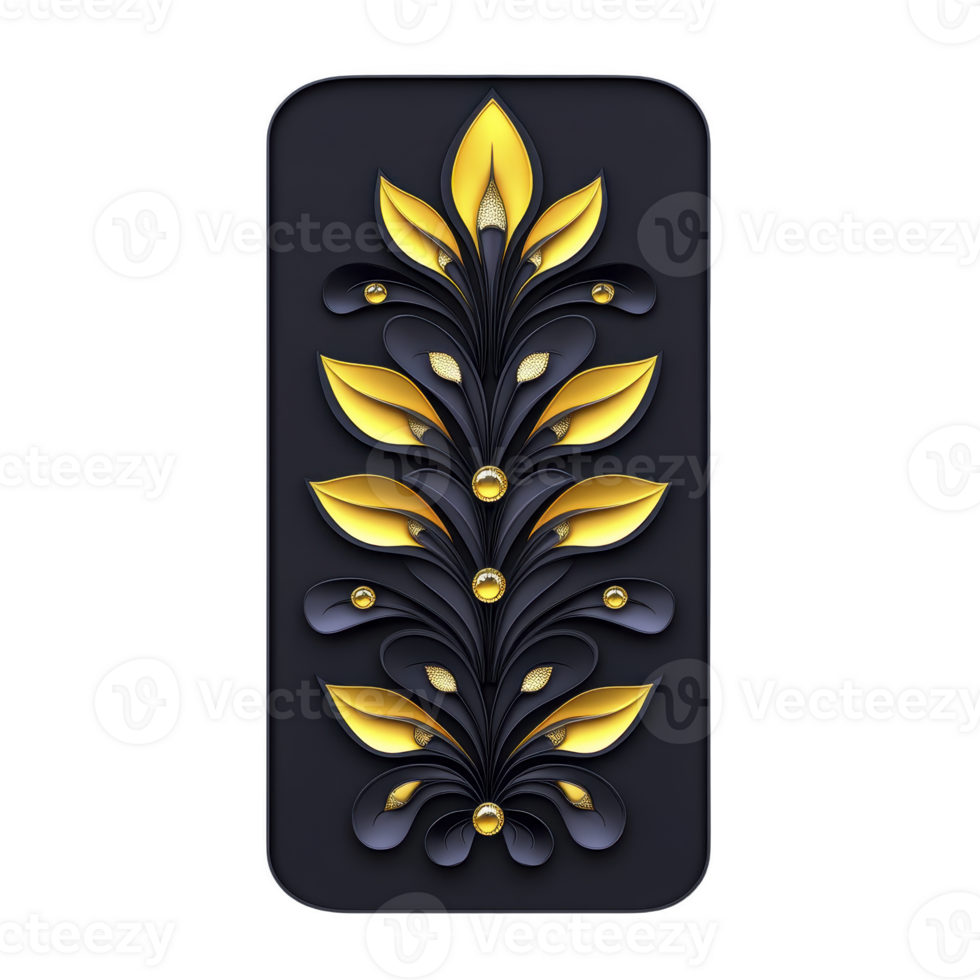 A decorative phone case features intricate floral design with gold and dark blue elements, creating elegant and luxurious appearance. pattern is symmetrical and ornate png