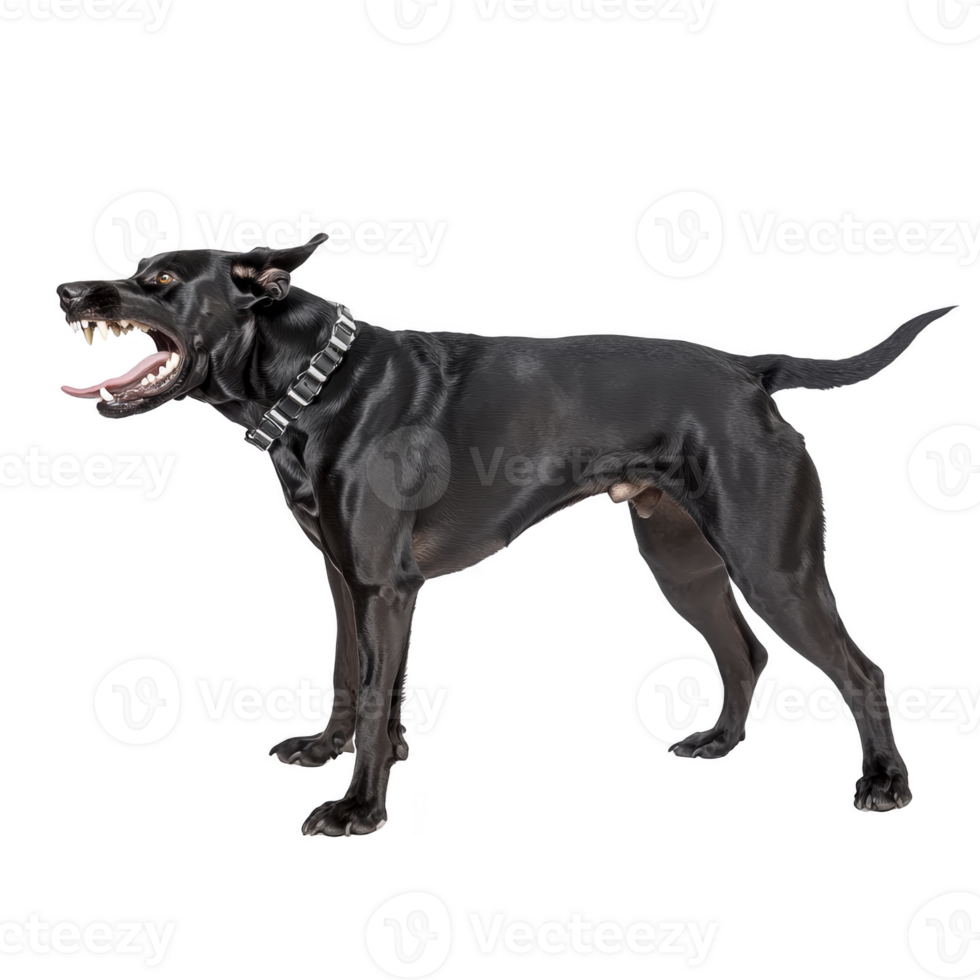 A fierce black dog with bared teeth and spiked collar stands alert, showcasing its muscular build and intense expression. dog stance and expression convey sense of aggression and strength png
