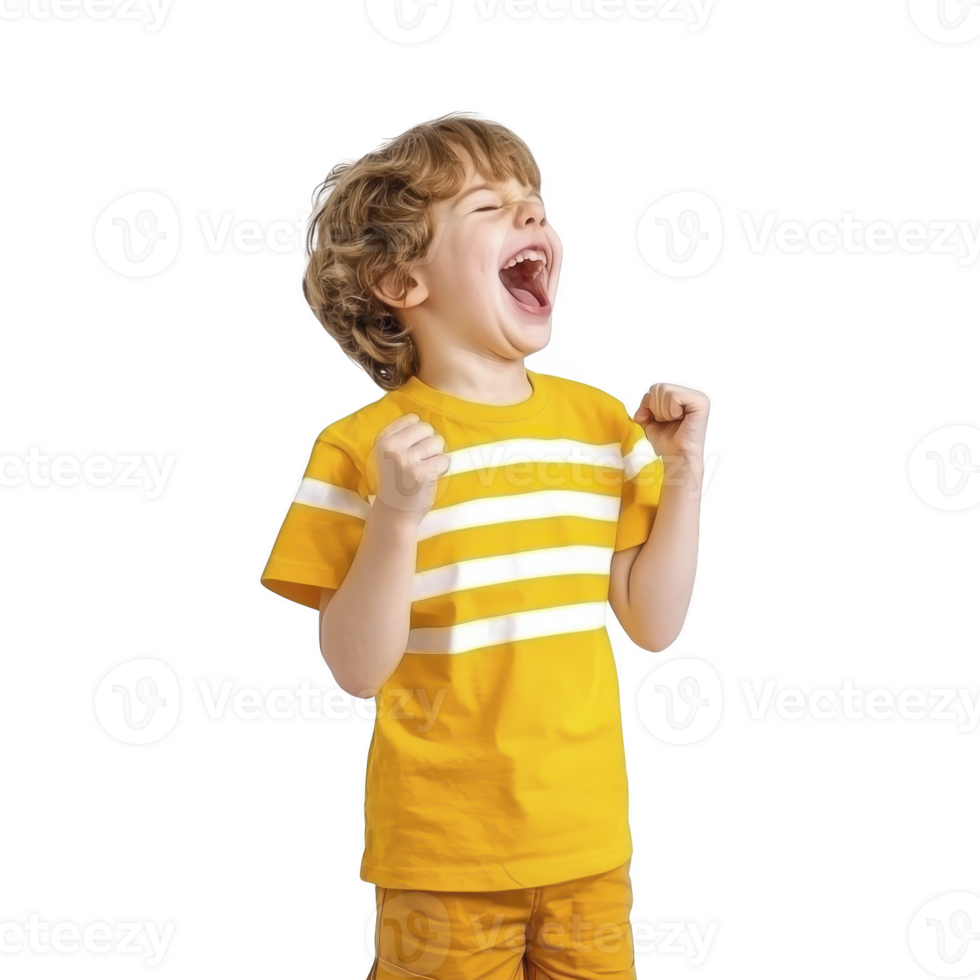 A young boy in yellow striped shirt and shorts is joyfully celebrating with fists raised, expressing excitement and happiness png