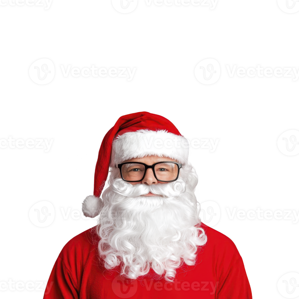 A Santa Claus with joyful expression is wearing classic red suit, white beard, and glasses against plain background. His iconic look is perfect for festive holiday themes png