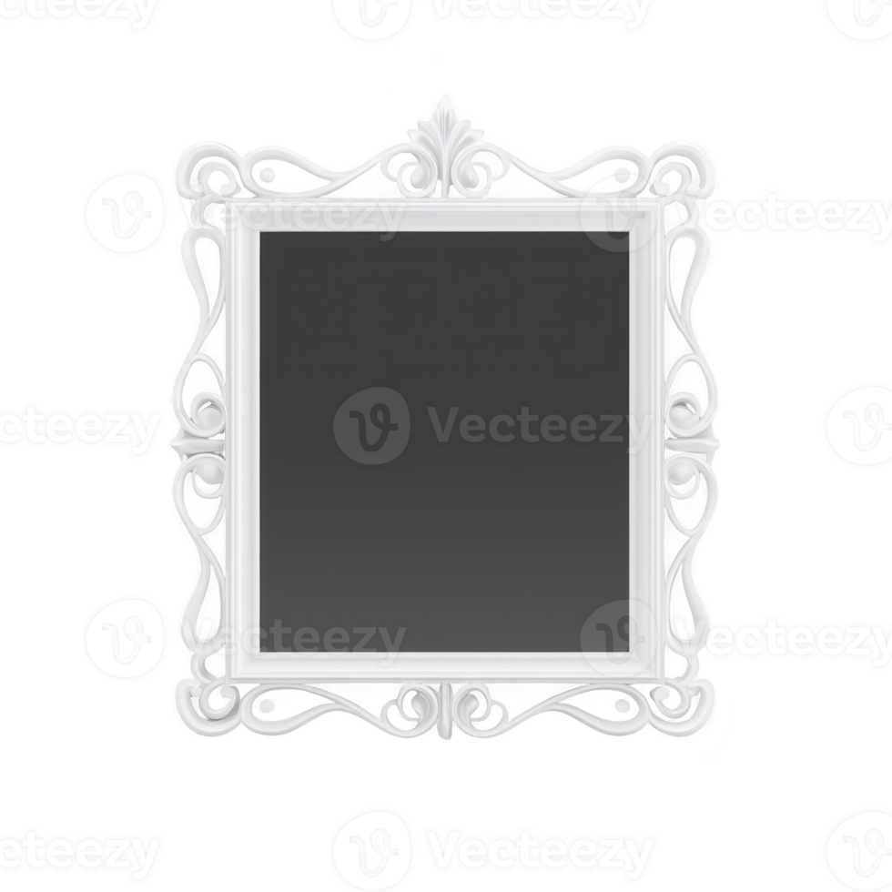 A decorative white ornate mirror with intricate frame design, featuring elegant swirls and classic rectangular shape, set against plain transparency background png
