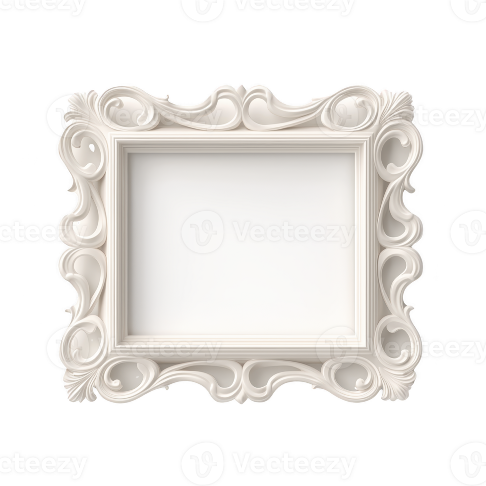 An ornate, empty white picture frame with intricate, swirling designs and square shape, perfect for elegant home decor or art display png