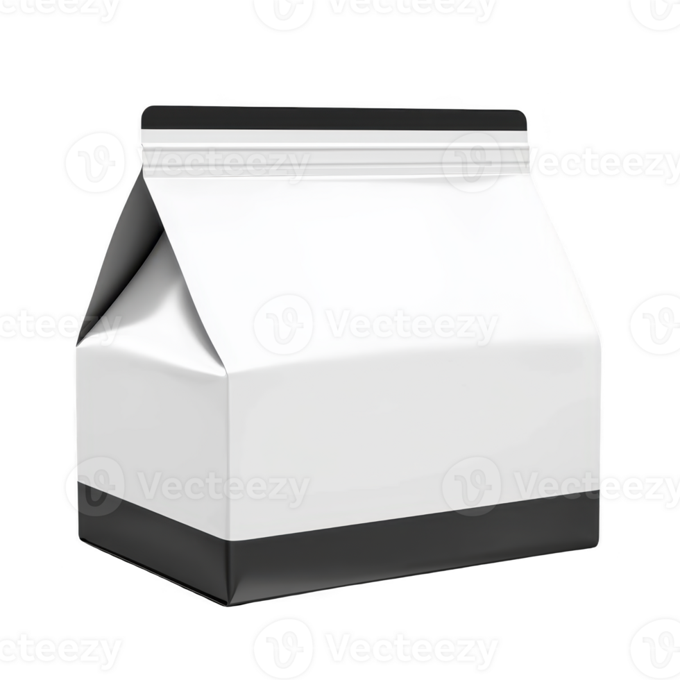 A white and black stand up pouch with minimalist design is shown, ideal for packaging food products. pouch features resealable closure, providing convenience and freshness png