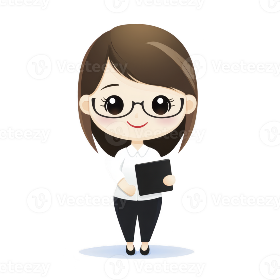 A cute cartoon character with glasses and tablet, wearing white shirt and black pants, stands smiling. character has brown hair and friendly expression png