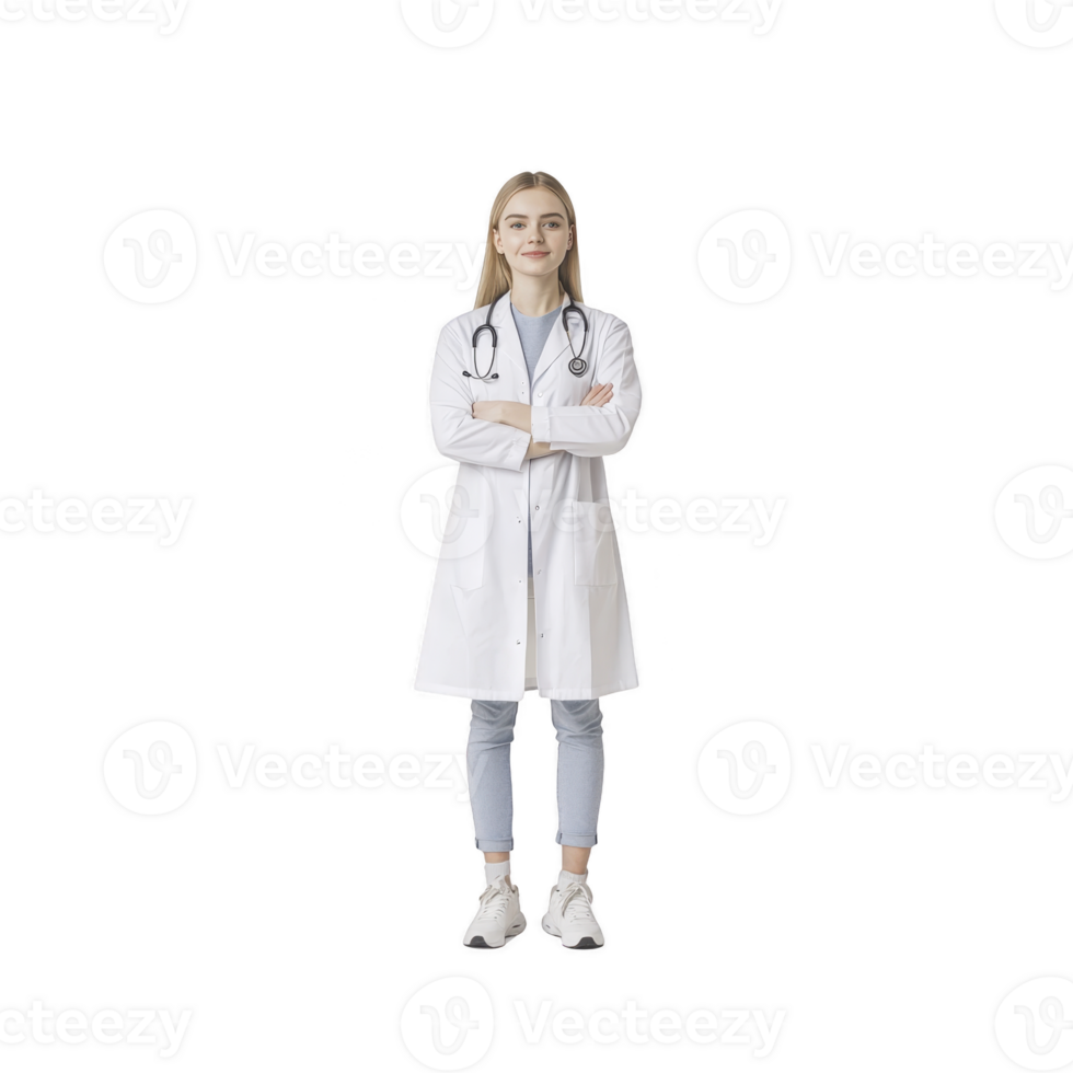A confident female doctor stands with arms crossed, wearing white coat and stethoscope, conveying professionalism and expertise. She is dressed in casual attire with sneakers png