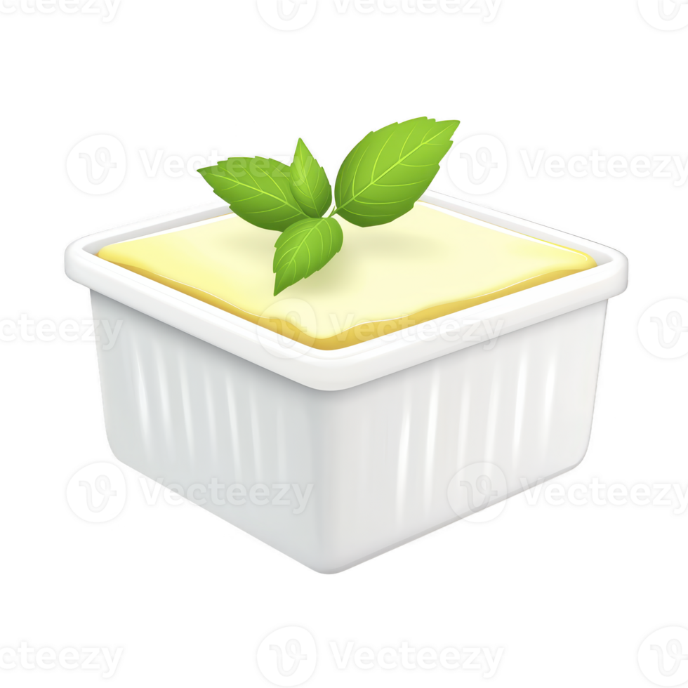 A small white container filled with creamy butter is topped with fresh green basil leaves, creating simple and fresh presentation png