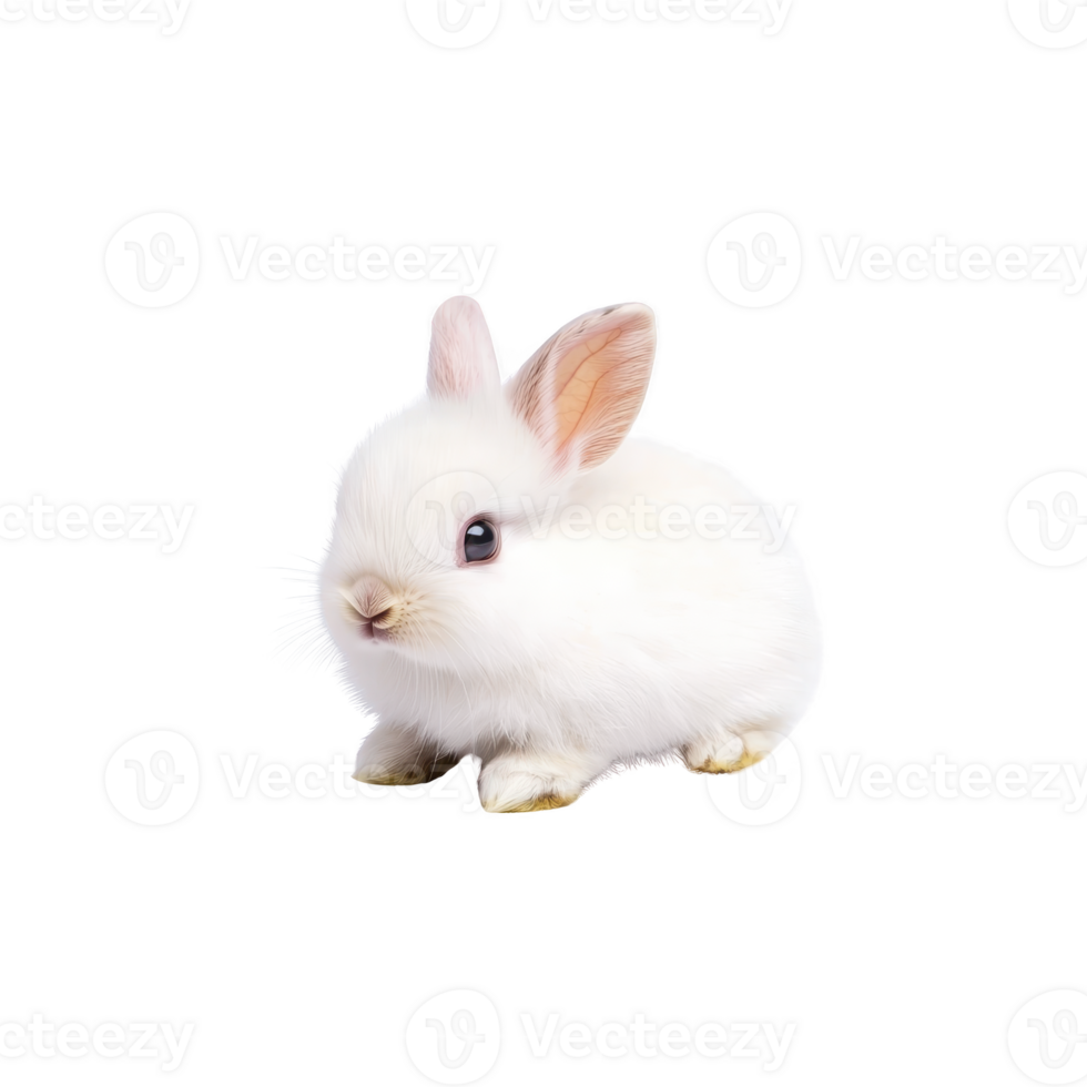 A fluffy white rabbit with pink ears sits adorably against plain background, showcasing its soft fur and gentle expression. rabbit small size and delicate features evoke sense of calm and innocence png