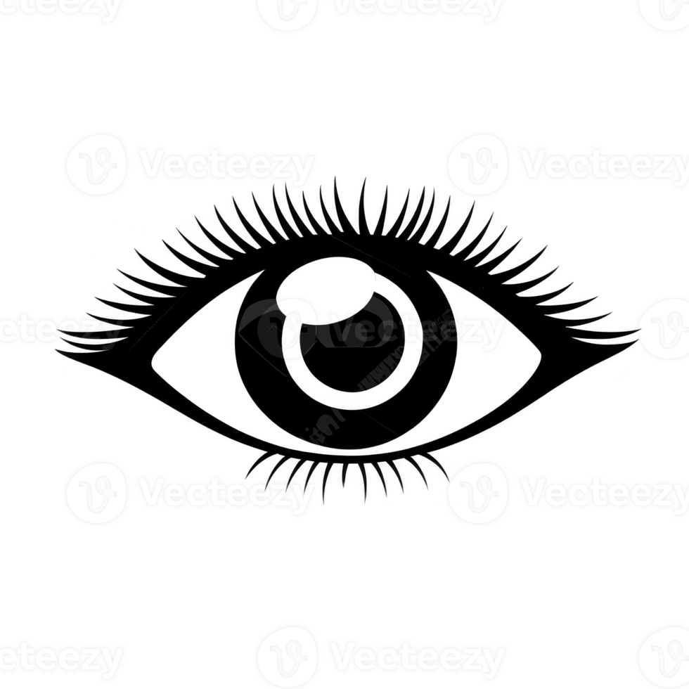 A stylized black and white illustration of eye with detailed eyelashes and bold outline, conveying sense of mystery and focus. design is simple yet striking, emphasizing eye central role perception png
