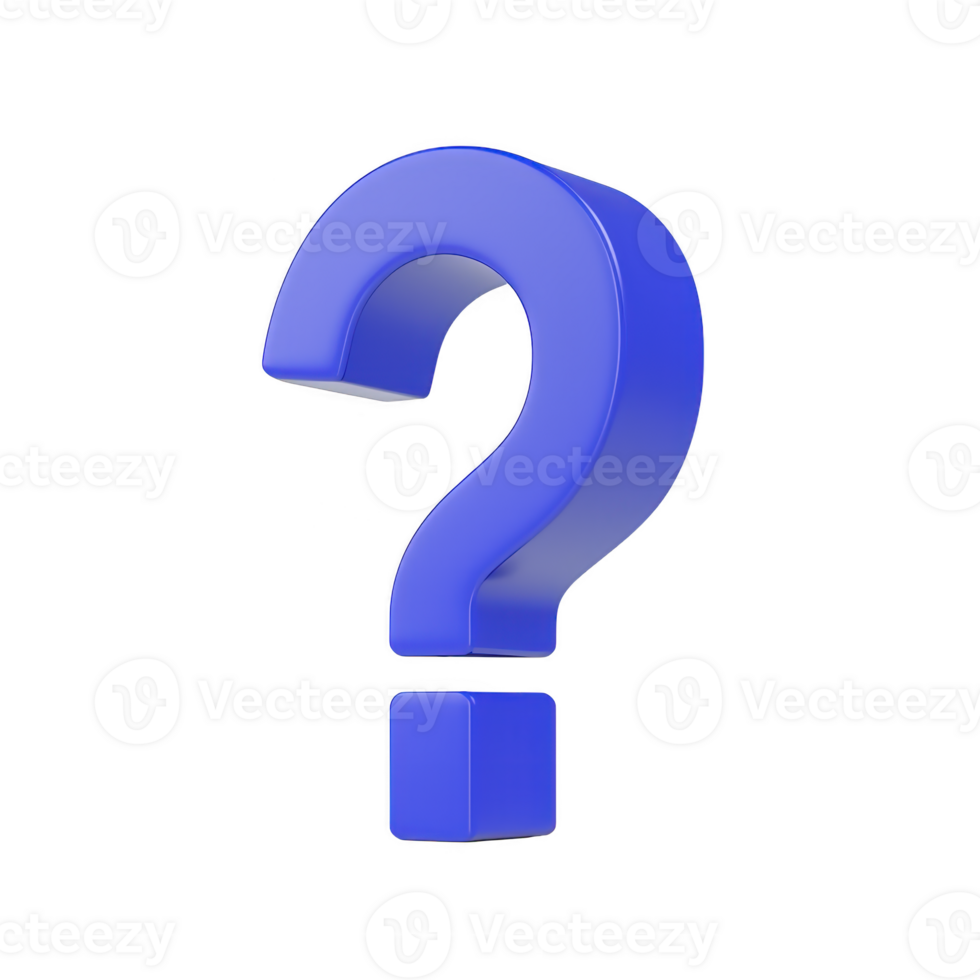 A large, blue 3D question mark stands prominently against transparency background, symbolizing inquiry and curiosity. smooth, glossy surface adds modern touch to classic punctuation mark png