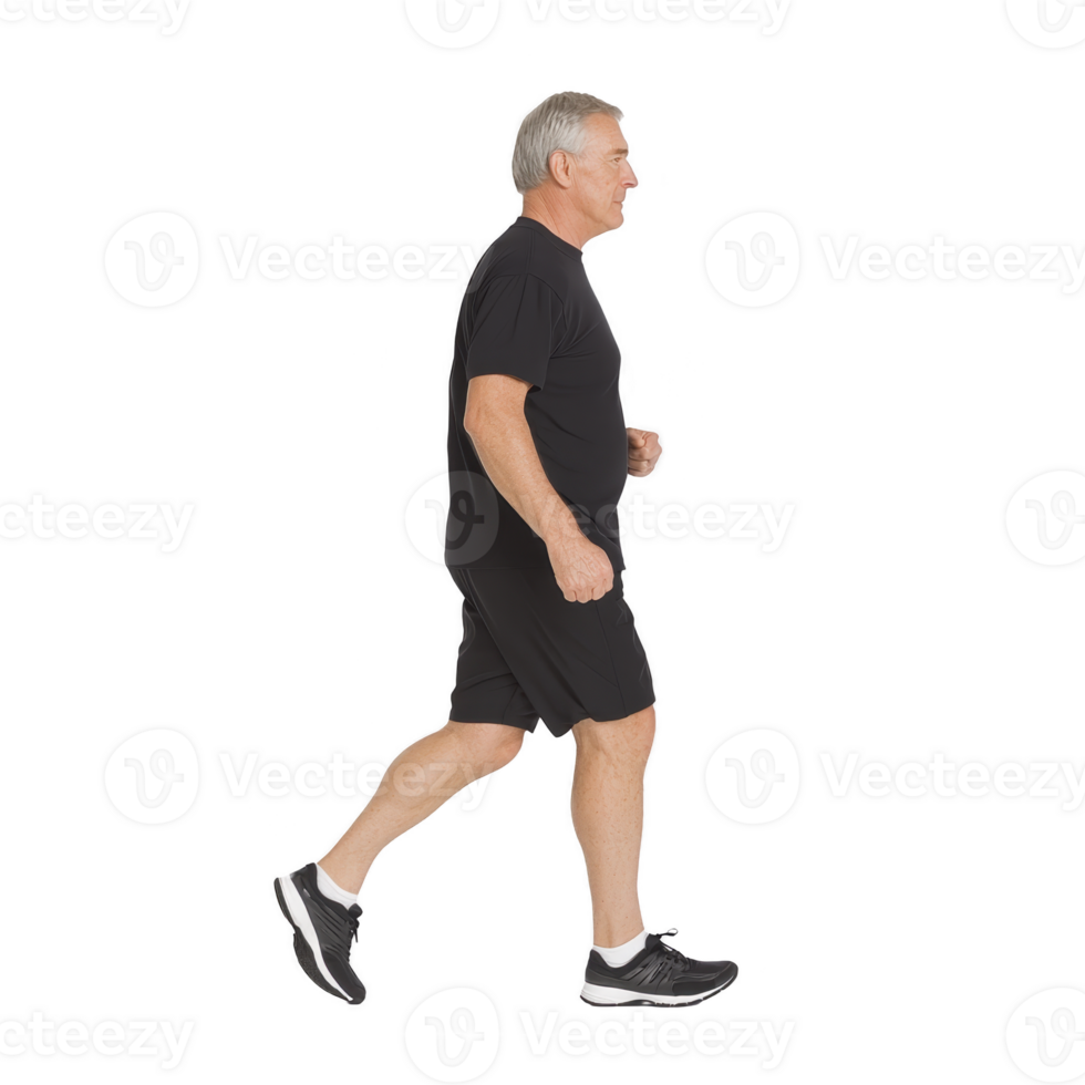 An Elderly man walking in profile view, wearing black athletic clothing and sneakers, isolated on transparency background. He appears focused and determined, suggesting active lifestyle png