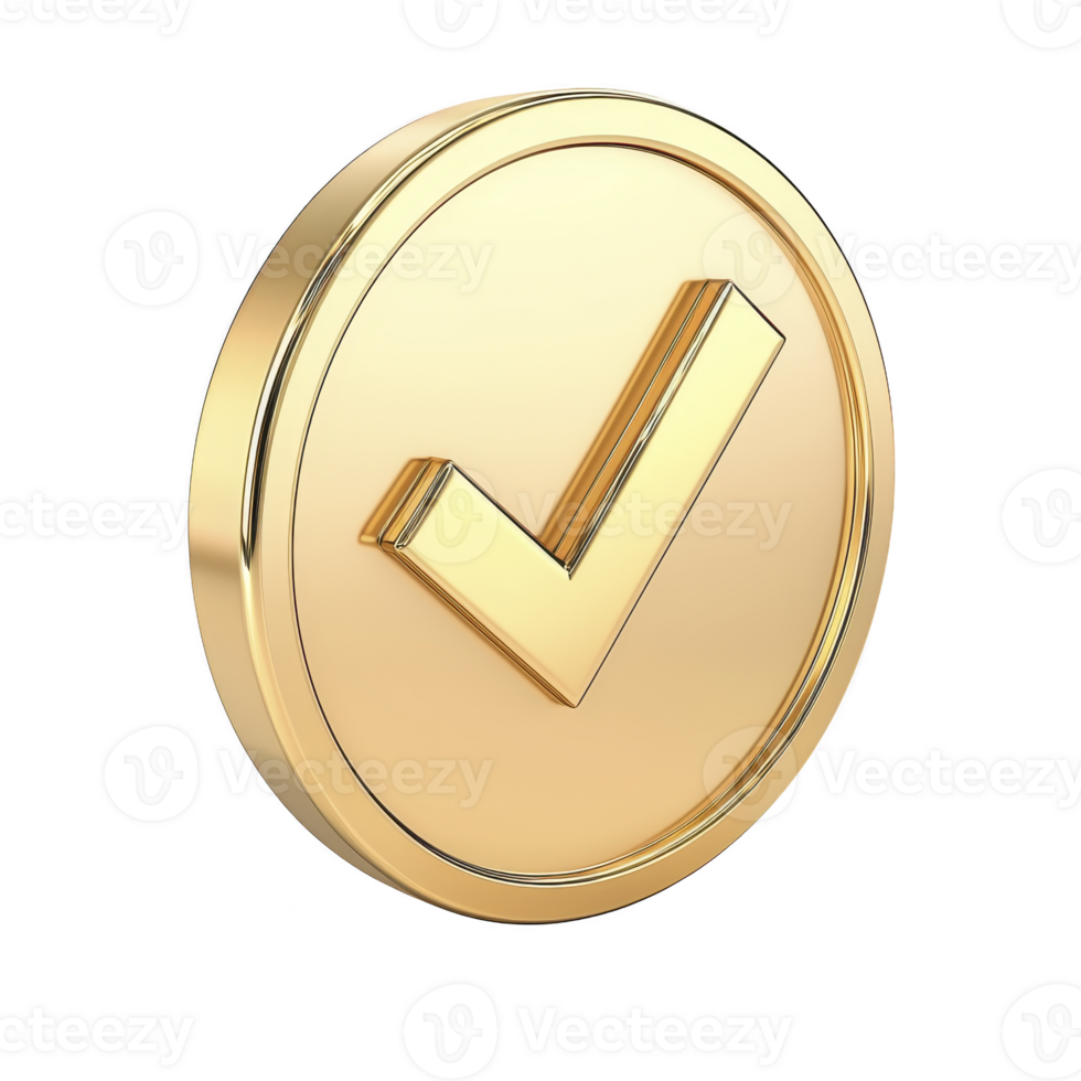 A shiny gold checkmark symbol is depicted in circular frame, representing approval or success. metallic finish adds luxurious and elegant touch, making it suitable for various design purposes png