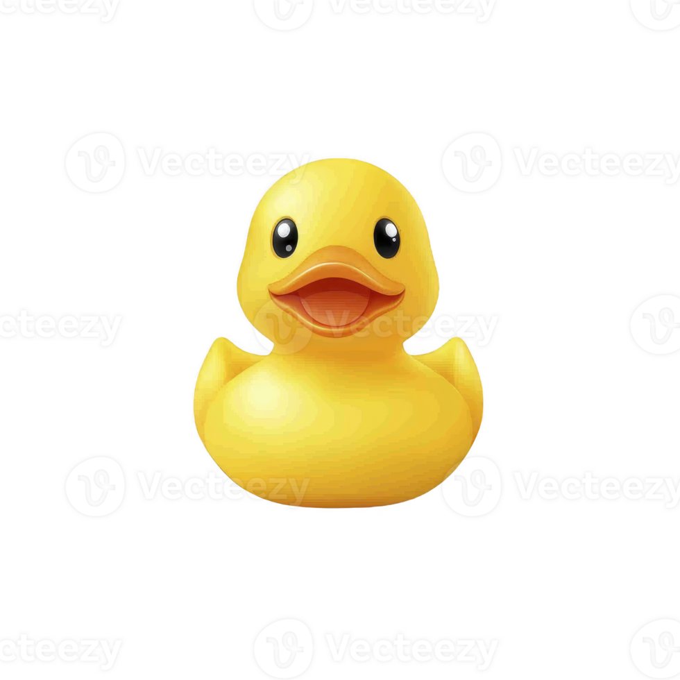 A cheerful yellow rubber duck with bright orange beak, often used as bath toy, is depicted against plain background. Its simple design and vibrant color make it classic and playful item png