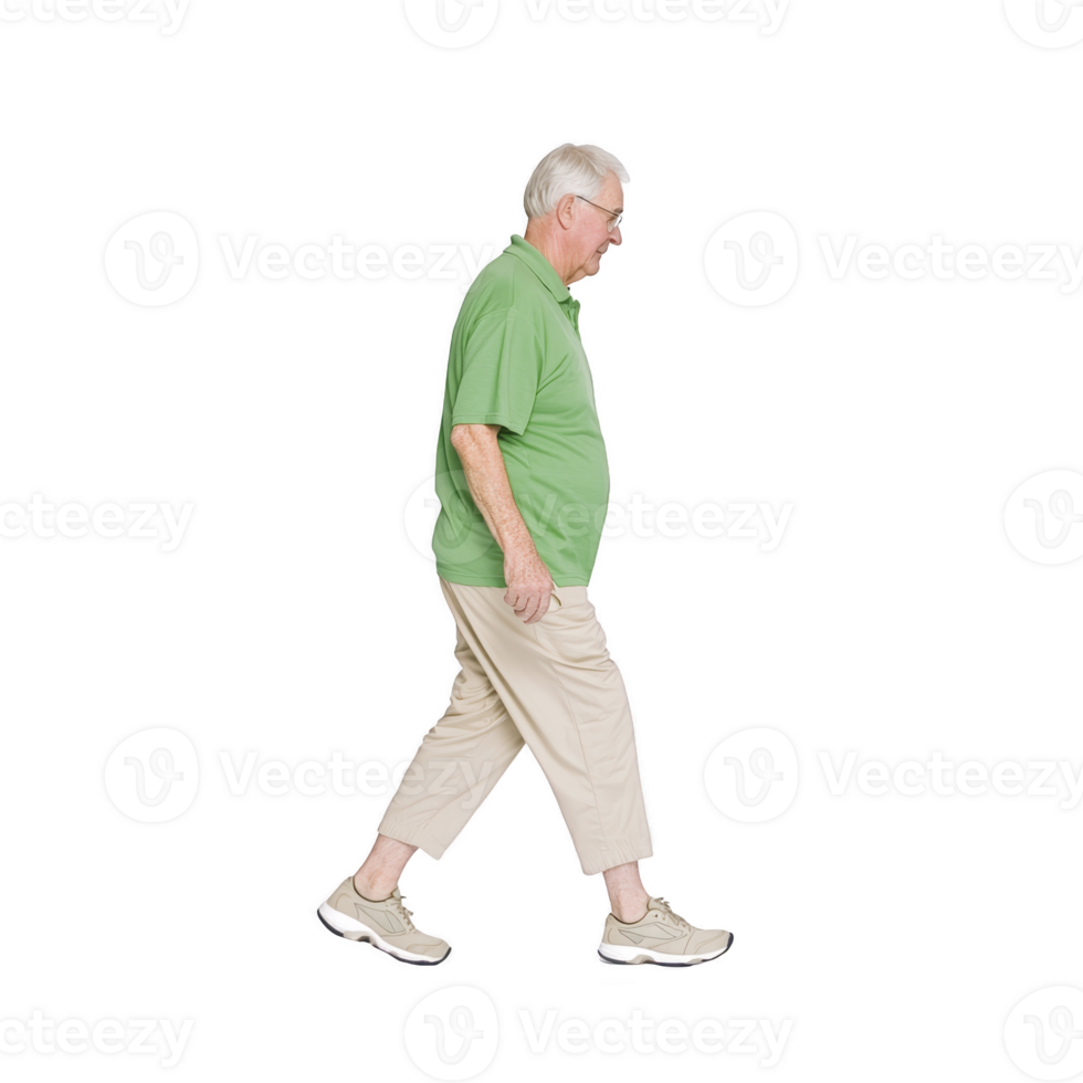 An elderly man in green shirt and beige pants is walking, showcasing side profile. He appears to be in motion, wearing comfortable shoes, and displaying calm demeanor png