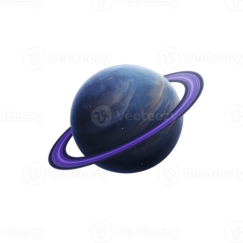 A digitally illustrated planet with blue surface and purple rings, resembling gas giant, set against transparent background. image evokes sense of wonder and exploration png