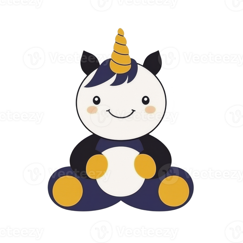 A cute cartoon unicorn with cheerful expression, featuring yellow horn, black ears, and white face, sitting with its legs spread. unicorn has playful and friendly appearance png