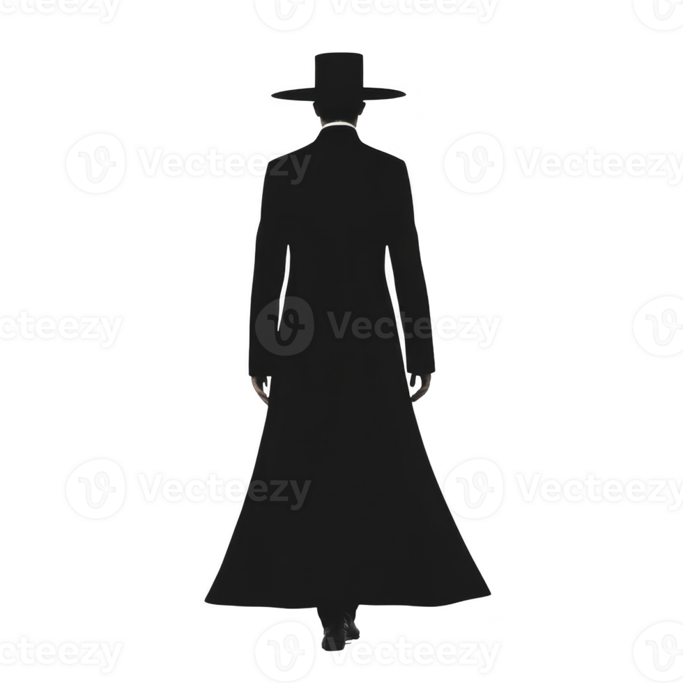 A Silhouette of person wearing long coat and wide brimmed hat, walking away. image is minimalistic, focusing on distinct outline of attire, evoking sense of mystery and intrigue png