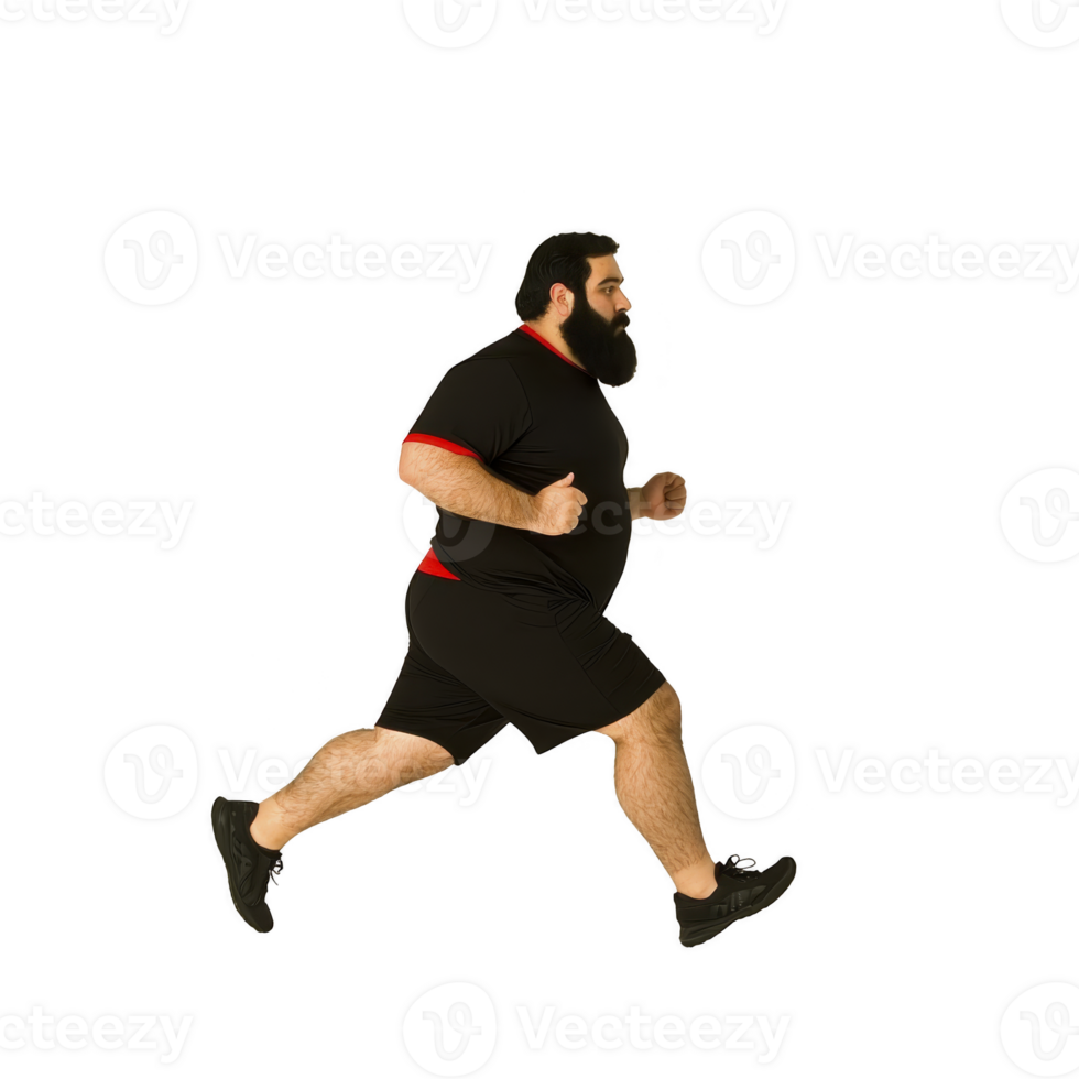 A bearded man in athletic attire is jogging energetically, showcasing determination and focus. He wears black and red shirt with black shorts and shoes, emphasizing his active lifestyle png