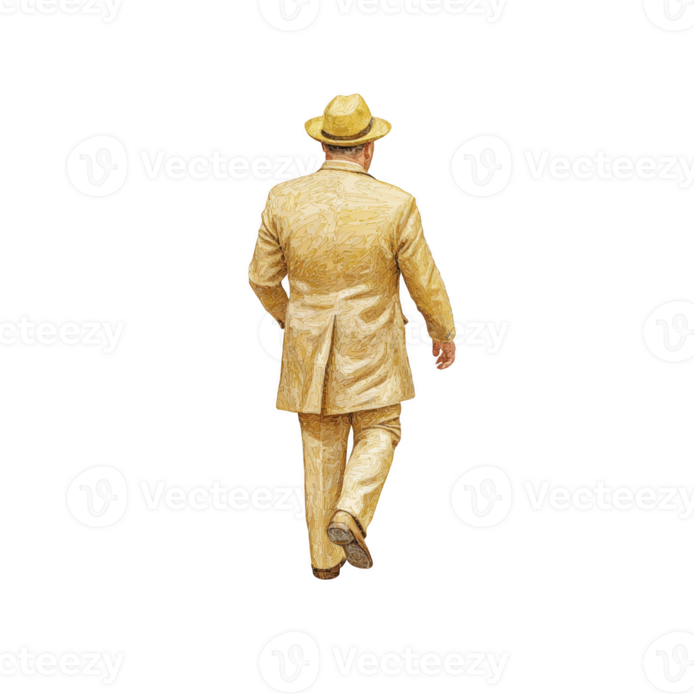 A man in yellow suit and hat walks away, exuding confidence and style. vibrant attire stands out, creating striking visual against plain background png