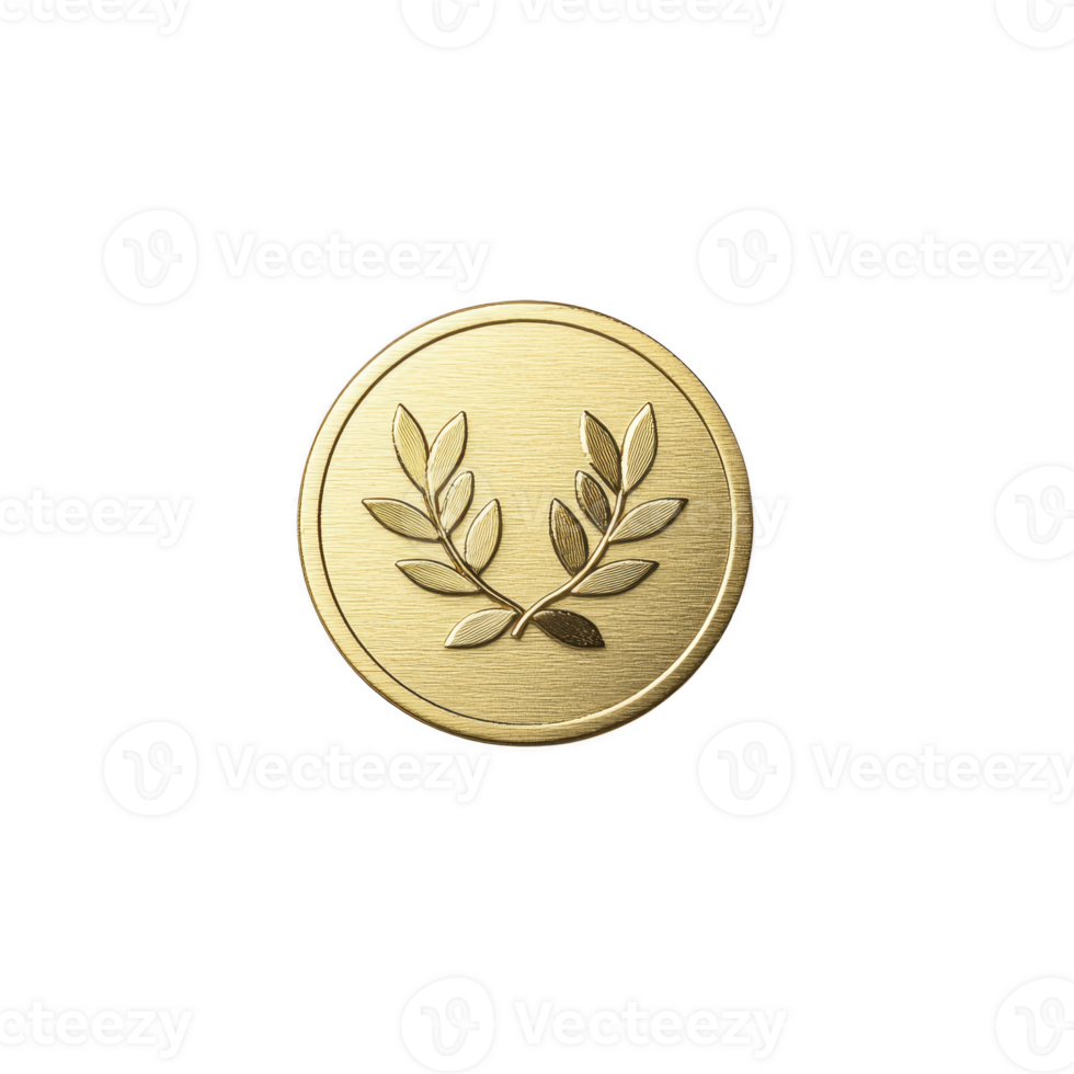 A gold coin with laurel wreath design symbolizes victory and achievement, often used in awards or commemorative events. coin shiny surface and intricate detailing add elegance png