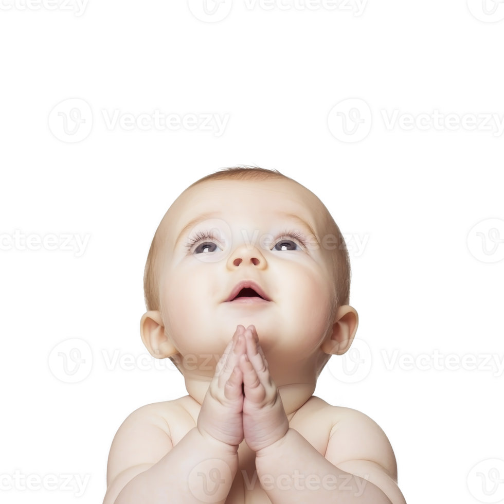 A baby with hopeful expression looks upward, hands clasped together as if in prayer or wonder, against plain background. image captures innocence and curiosity png