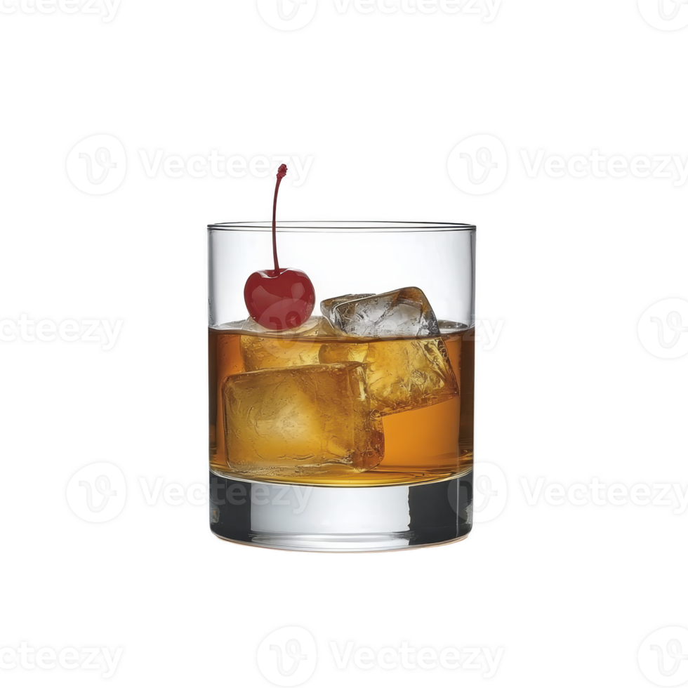 A glass of whiskey with ice cubes and cherry garnish creates classic and inviting drink presentation. amber liquid contrasts with clear glass and red cherry png
