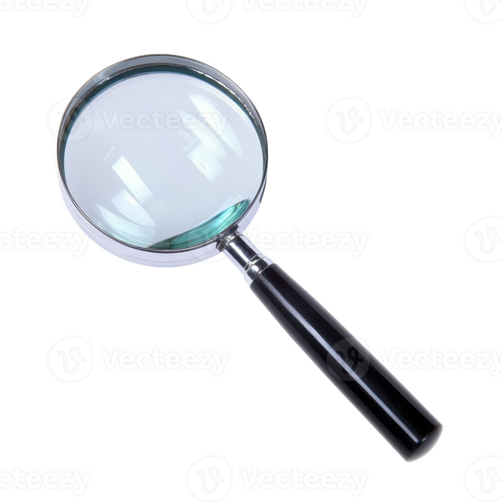A magnifying glass with black handle and clear lens is isolated on transparency background, showcasing its simplicity and functionality png