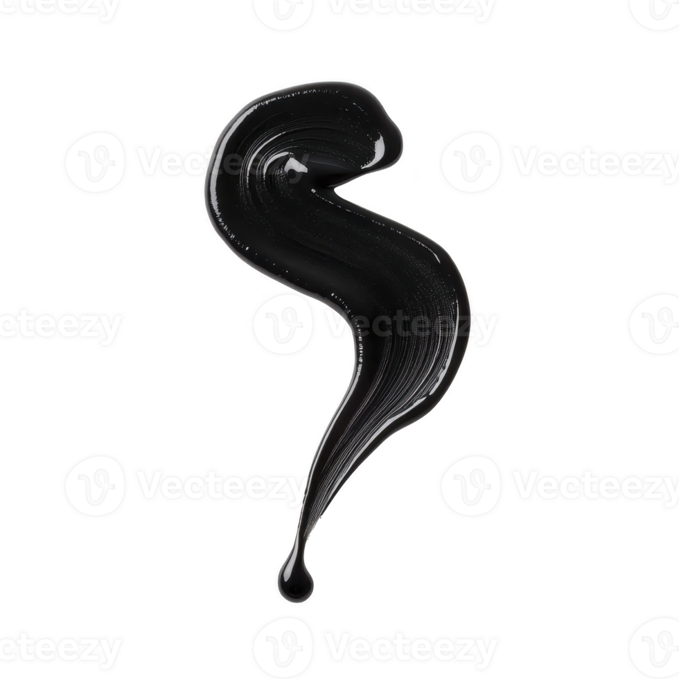 A This features smooth, flowing black paint stroke on transparent background, resembling abstract shape or letter. texture is glossy and fluid, creating dynamic and artistic impression png