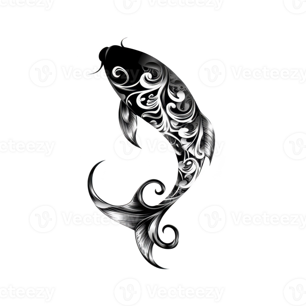 A stylized black and white koi fish illustration with intricate swirling patterns, symbolizing strength and perseverance. elegant design captures essence of traditional art with modern twist png
