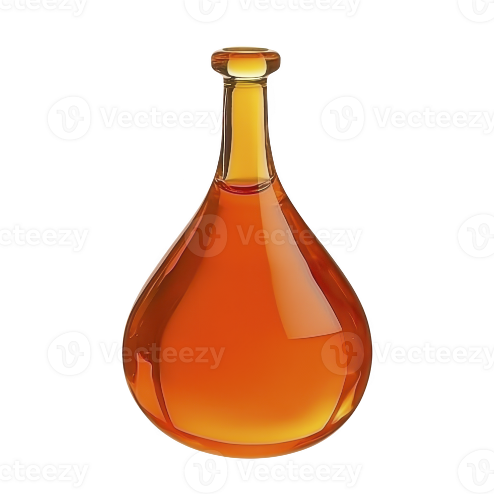 A sleek, amber glass bottle with rounded base and narrow neck, reflecting light beautifully. elegant design suggests it could be used for storing liquids like oils or spirits png