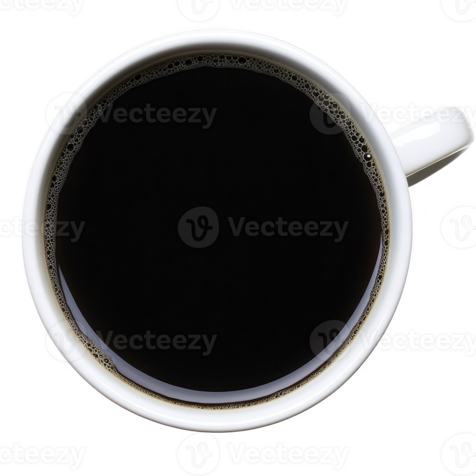 A steaming cup of black coffee in white ceramic mug viewed from above, showcasing its rich, dark color and inviting aroma. Perfect for morning boost or cozy afternoon png