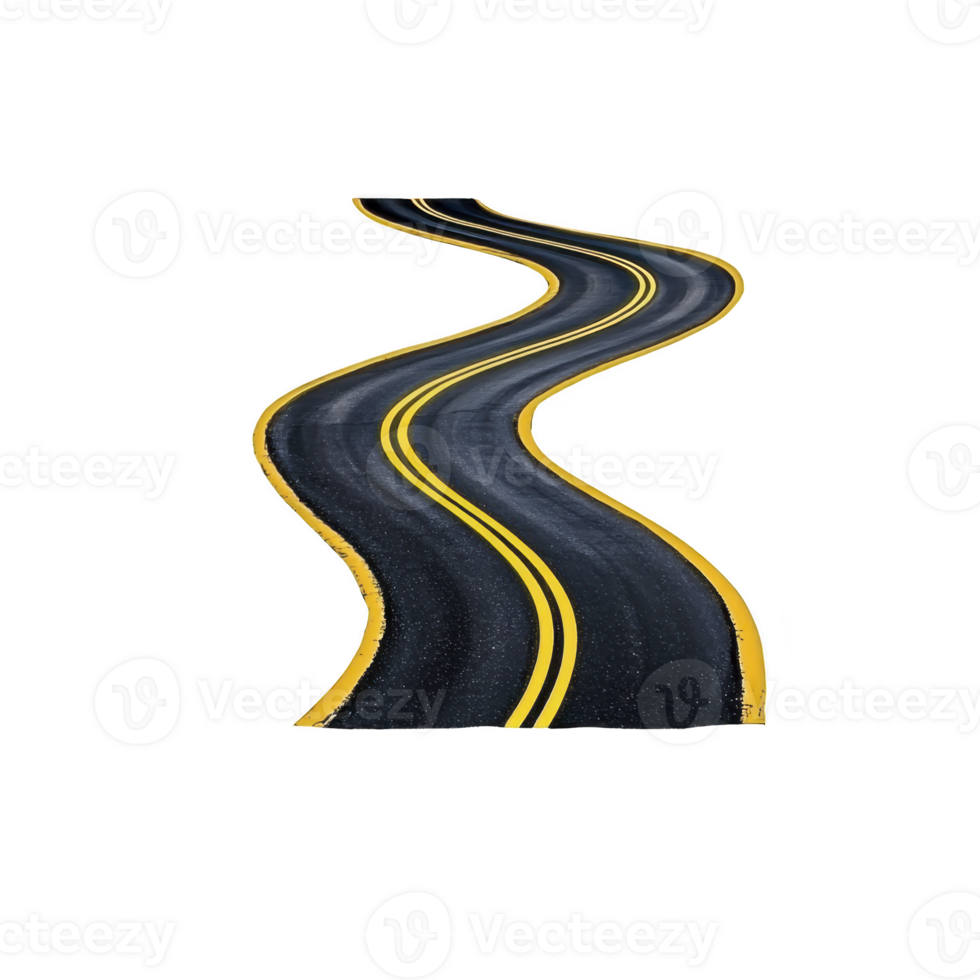 A winding road with double yellow lines curves dramatically against transparency background, creating sense of movement and direction. road dark asphalt contrasts with bright yellow lines png