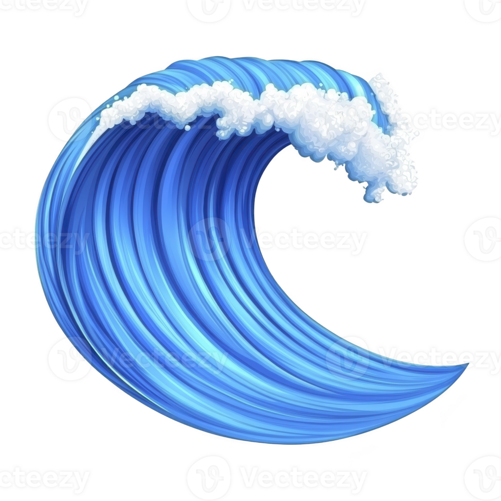 A stylized illustration of vibrant blue ocean wave with white foam cresting at top, capturing dynamic motion and energy of sea png