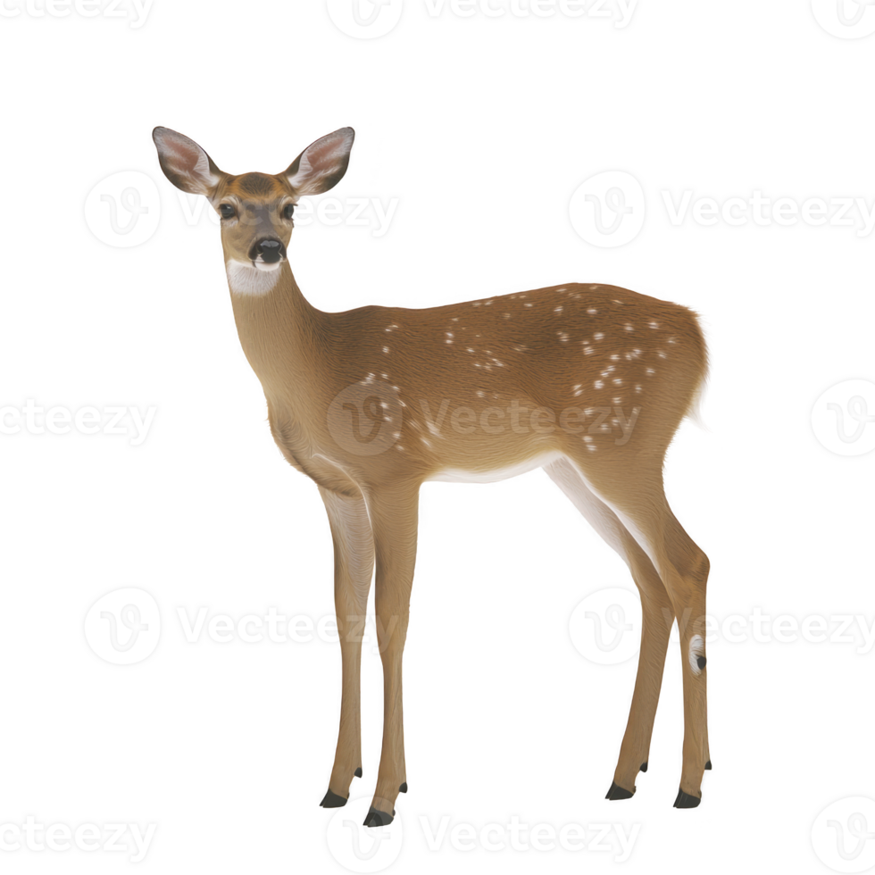 A graceful deer stands with calm expression, showcasing its delicate features and spotted coat. animal slender legs and alert ears highlight its natural elegance png