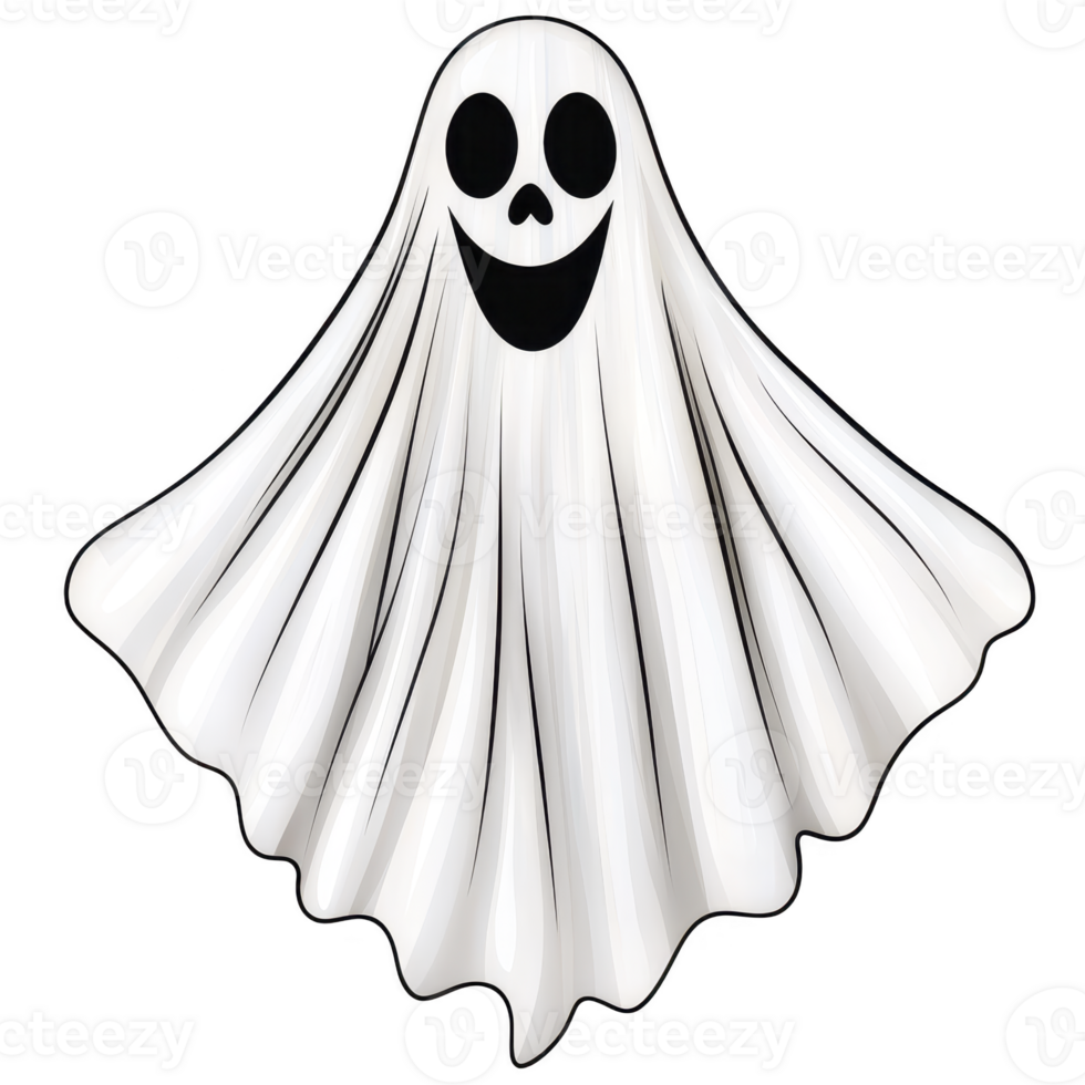A cheerful ghost illustration with smiling face, draped in flowing white sheet, evokes playful Halloween spirit. ghost simple design and friendly expression make it suitable for festive decorations png