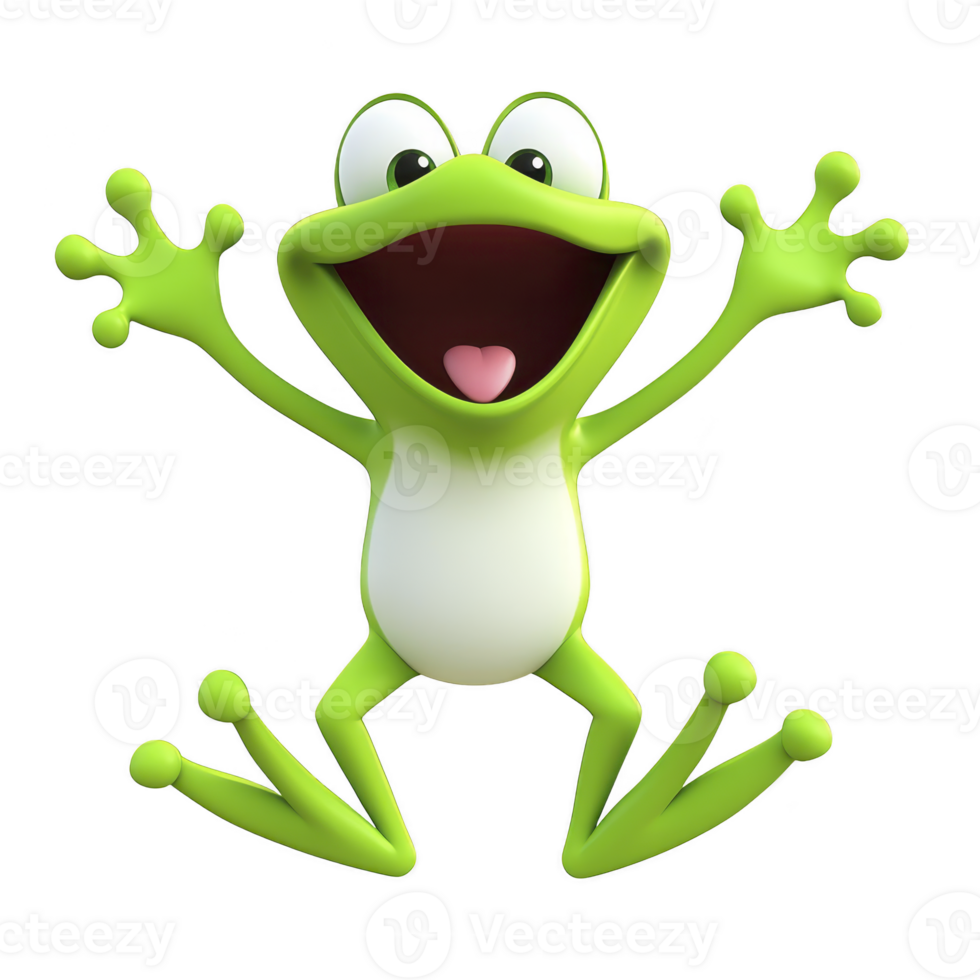 A cheerful cartoon frog with big smile and wide eyes is jumping joyfully. frog is bright green with white belly, and its limbs are spread out in energetic pose png