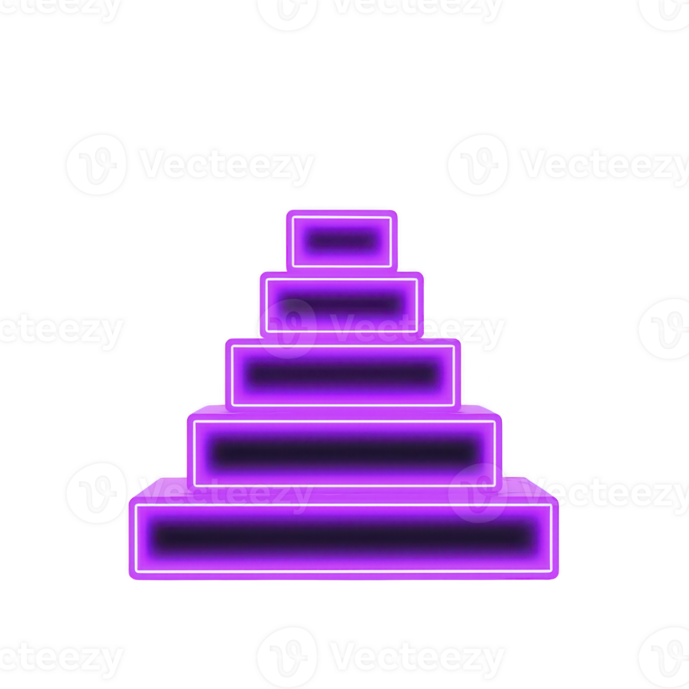 A glowing purple pyramid composed of stacked rectangular blocks creates futuristic and vibrant visual effect. neon illumination adds modern and dynamic touch to geometric design png