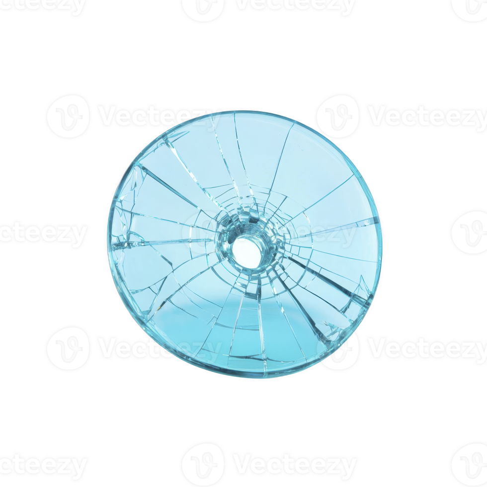 A shattered blue glass disc with central hole, isolated on transparency background, creates striking visual of broken symmetry and fragility png