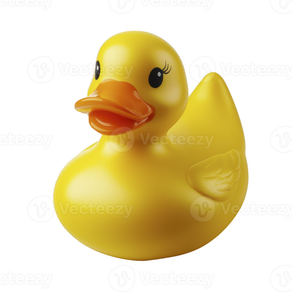 A bright yellow rubber duck with orange beak and cheerful expression, perfect for bath time fun. duck features smooth, shiny surfaces and detailed wings png